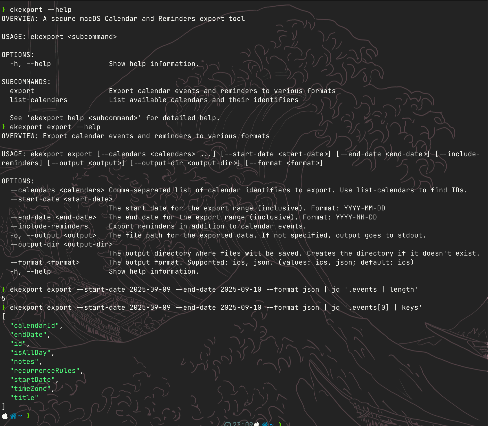 Screenshot of the ekexport CLI tool in action